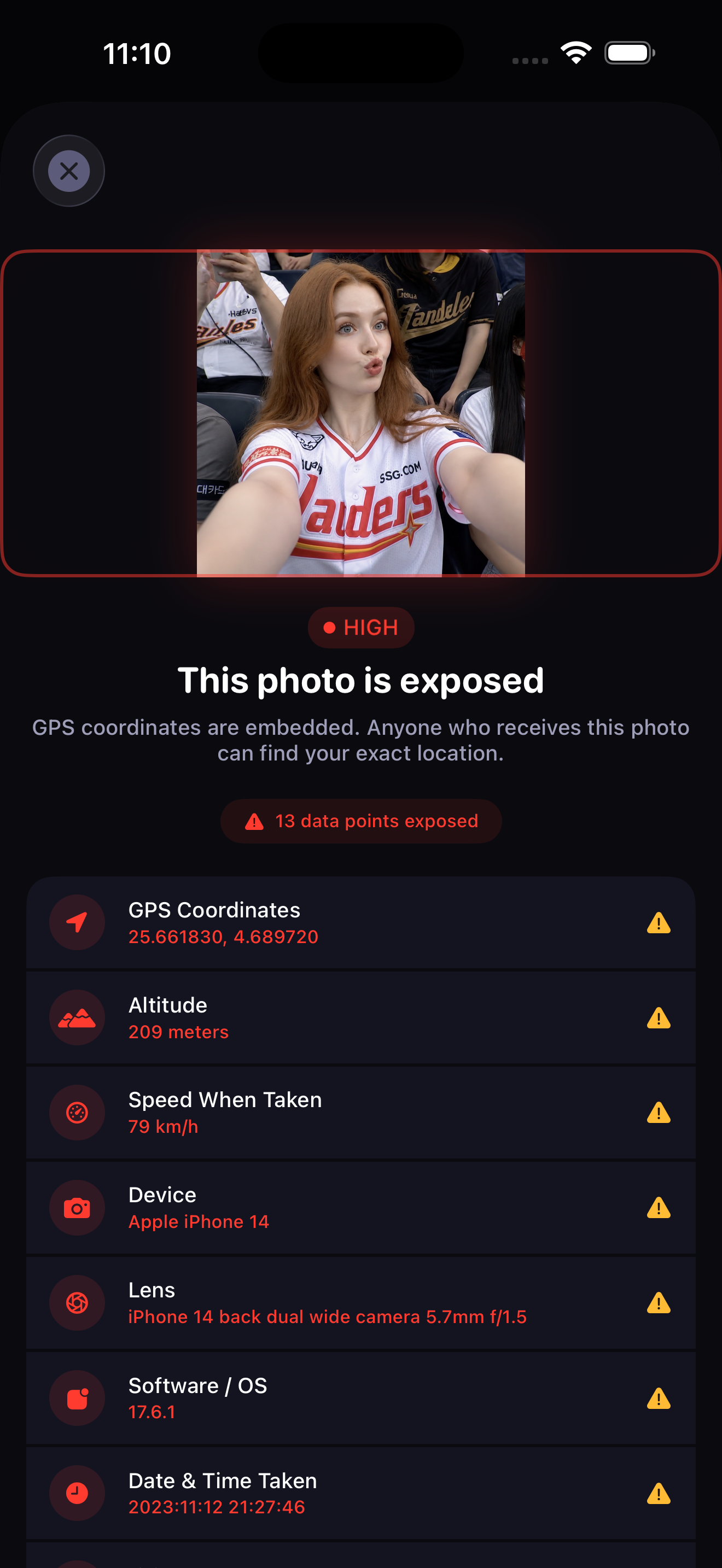 Skrim app showing a photo with hidden metadata exposed in red
