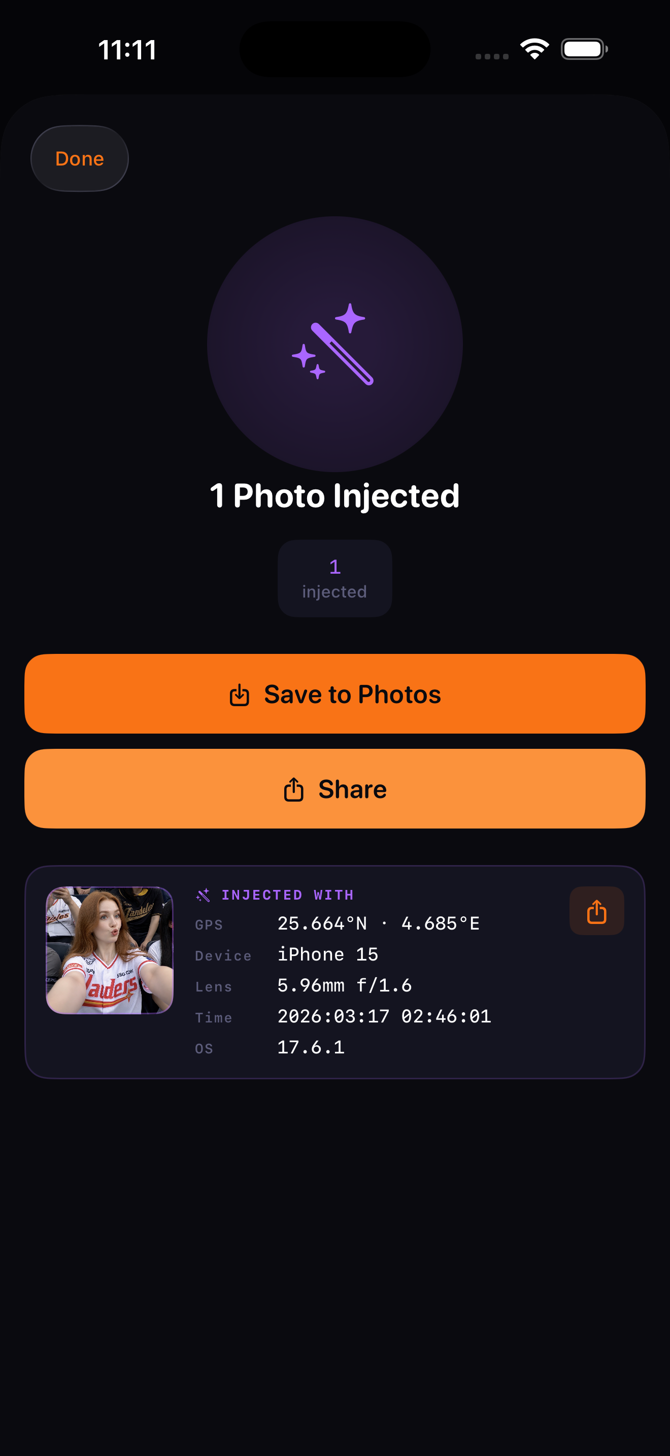 Skrim Inject Mode result showing fake metadata added to a clean photo