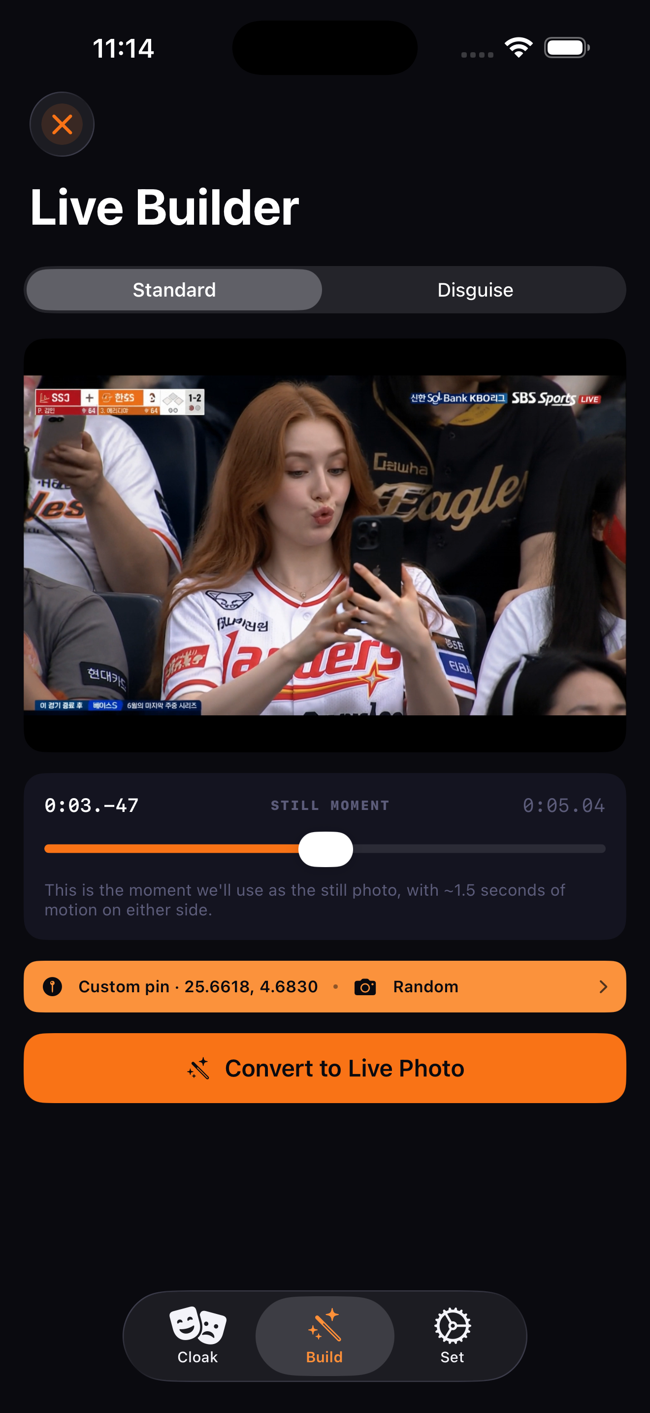 Skrim Live Photo Builder — pick a video, scrub to the still frame, package as a paired Live Photo